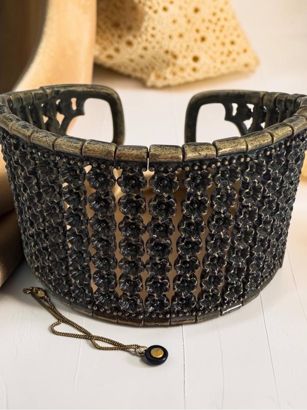 Antique-Style Black and Gold Floral Cuff Bracelet